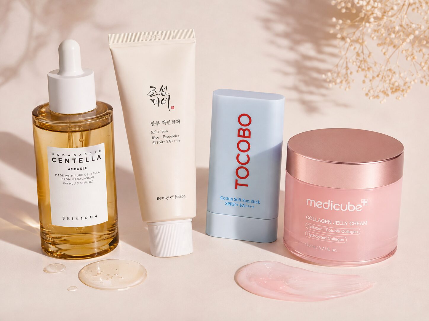 Rutina básica de K-Beauty con limpiador, sérum, crema y protector solar